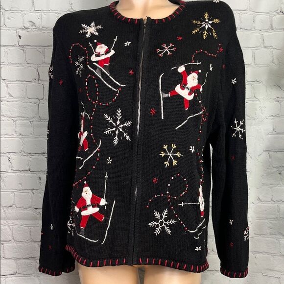 Skiing Santa Holiday Black Embroidered Cardigan Sweater XL Christmas - Picture 1 of 6